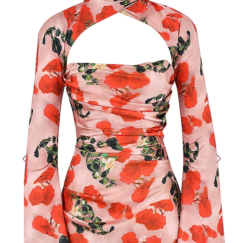 House of CB Toira Size L Pink Satin Dress with Red Floral Print - Picture 2 of 7